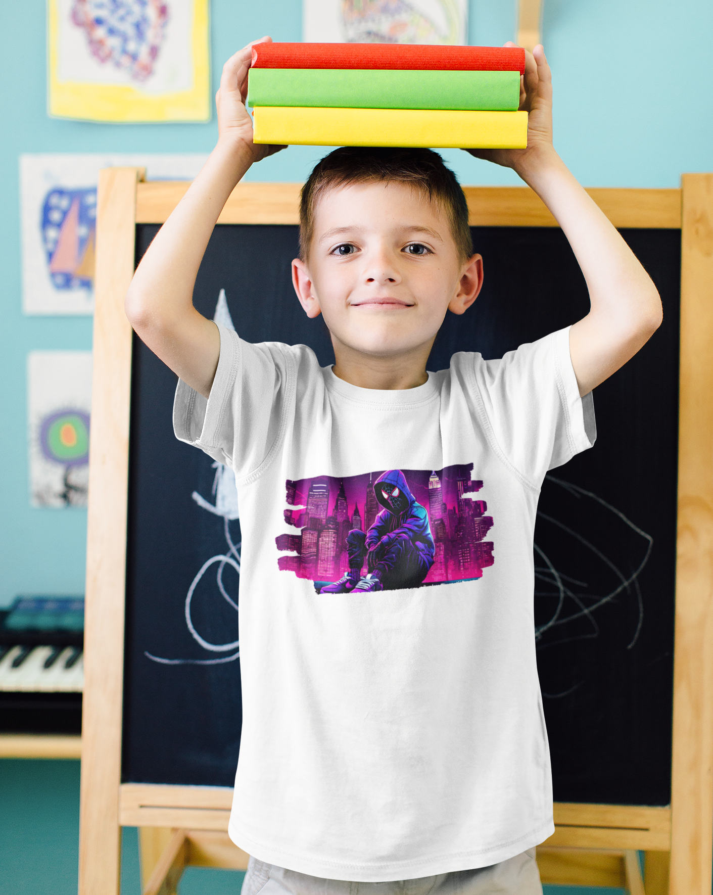 Dive into the world of Spider-Man with our kids splash print t-shirt, a dynamic blend of superhero style and unbeatable comfort. Featuring a striking image of a hooded Spider-Man against a backdrop of a purple-hued cityscape, this tee is sure to turn heads. Crafted for ultimate comfort, this unisex soft-style t-shirt redefines casual wear. 