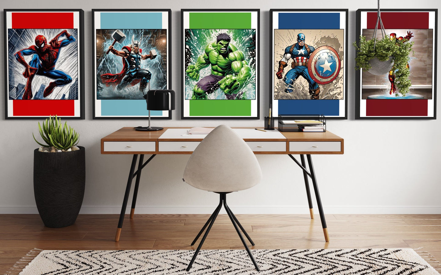 Set of 5 dynamic prints featuring your favourite superheroes: Spider-Man, Hulk, Captain America, Thor, and Iron Man. Celebrate the iconic characters that have captured hearts and imaginations worldwide with this captivating wall art set.