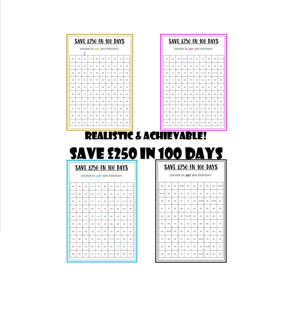 The Achievable & Realistic Saving Chart, Save 250 Pounds In 100 Days, Includes Days Off!