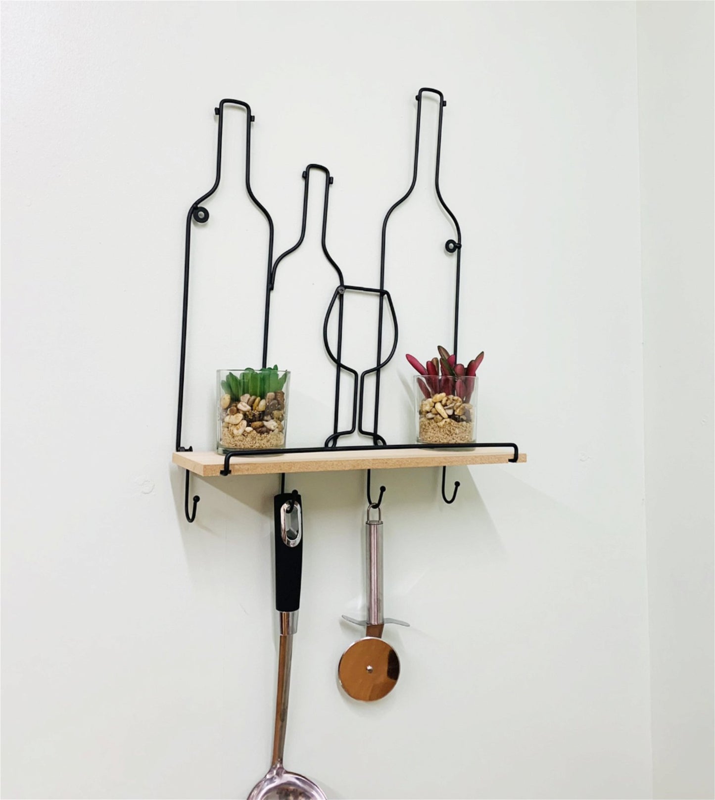 Wine Bottles Wall Shelf & 4 Hooks