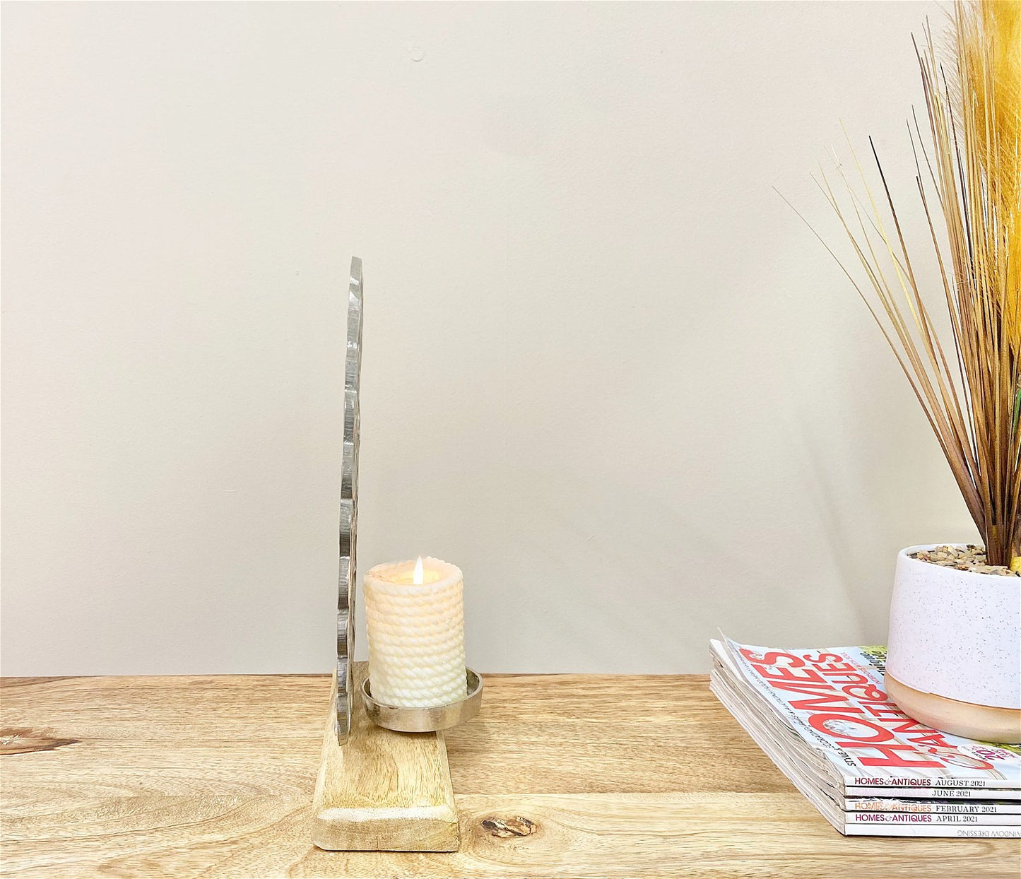 Heart Pattern Tealight Holder On Wooden Base