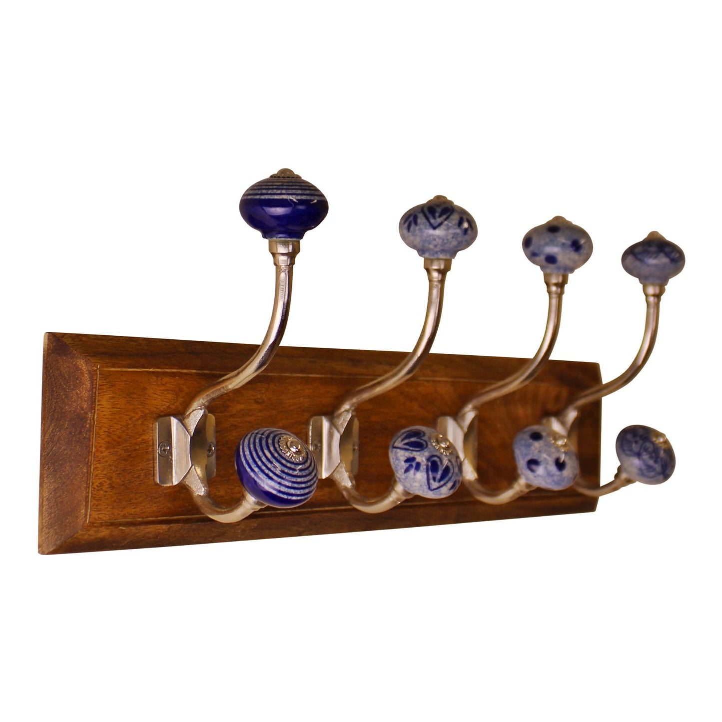 4 Double Ceramic Blue & White Coat Hooks On Wooden Base