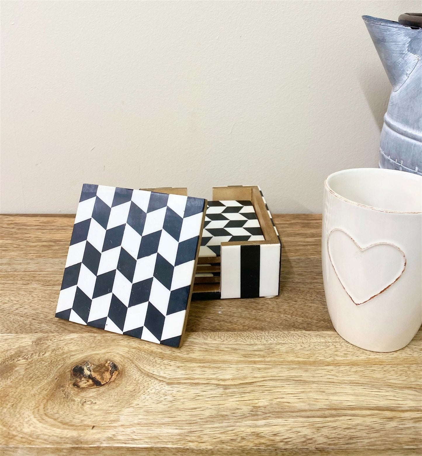 Pack of 4 Black & White Herringbone Wooden Coasters