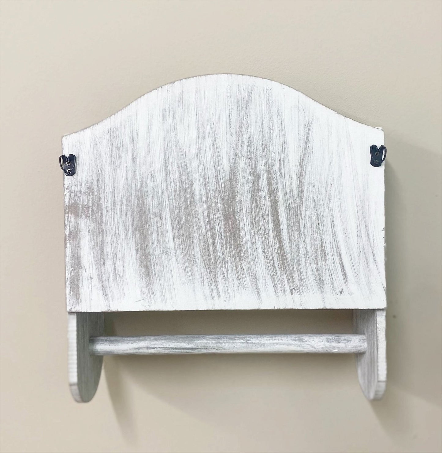 Grey Wooden Kitchen Towel Holder With Cutout Pattern Shelf