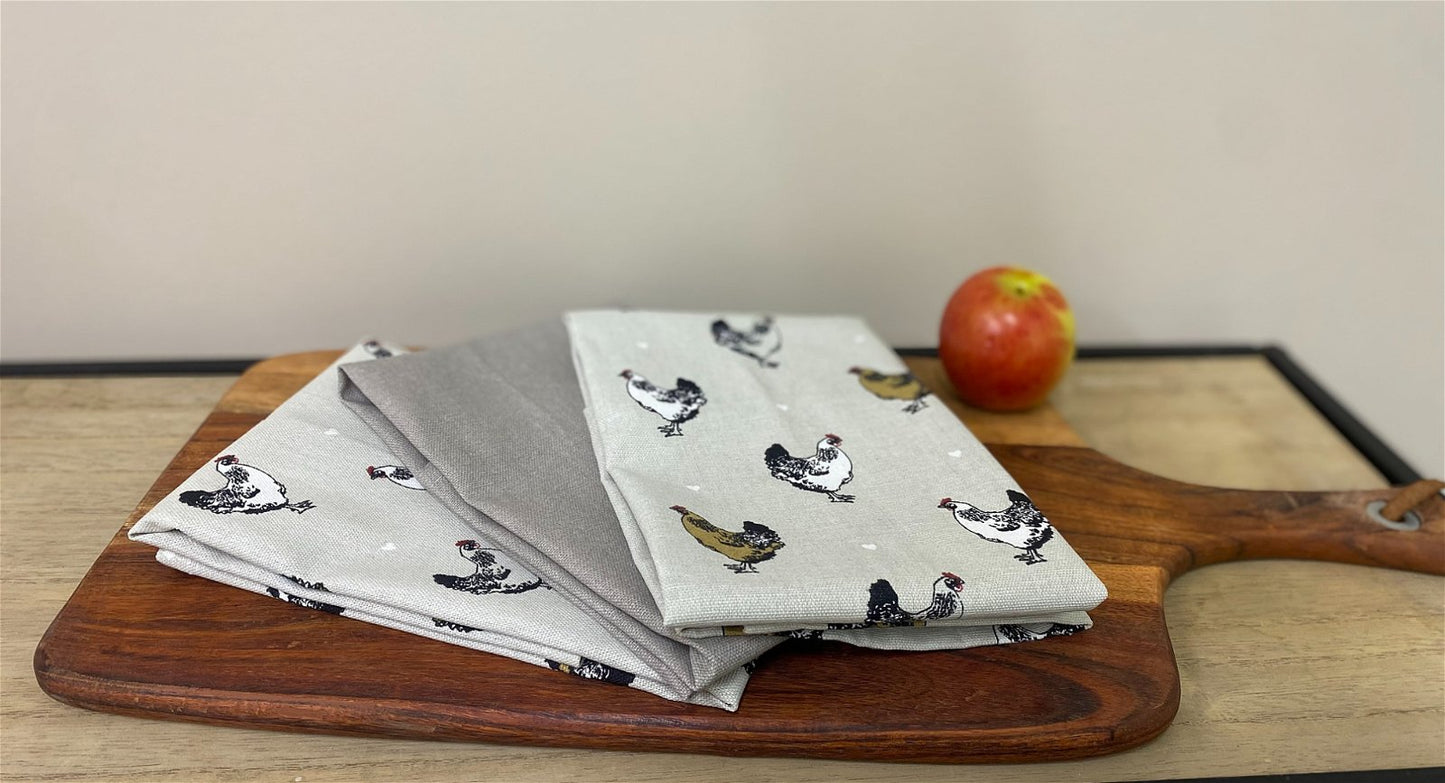 Pack of Three Tea Towels With A Chicken Print Design