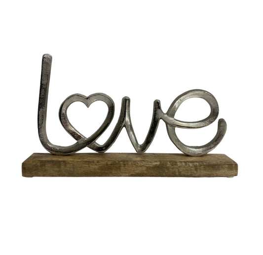 Metal Silver Love Ornament On A Wooden Base