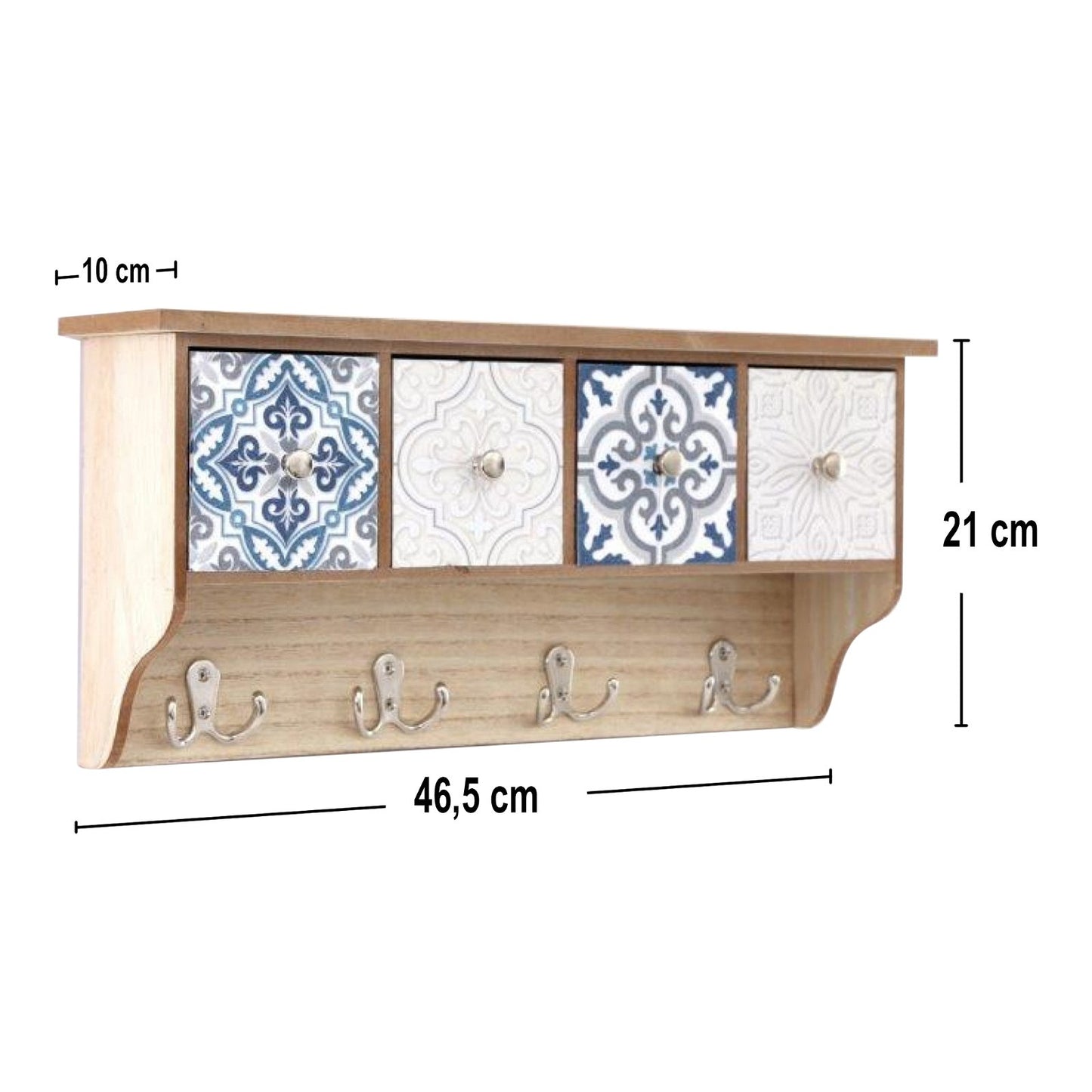 Wooden Blue Wall Shelf With 4 Drawers & Hooks 46cm