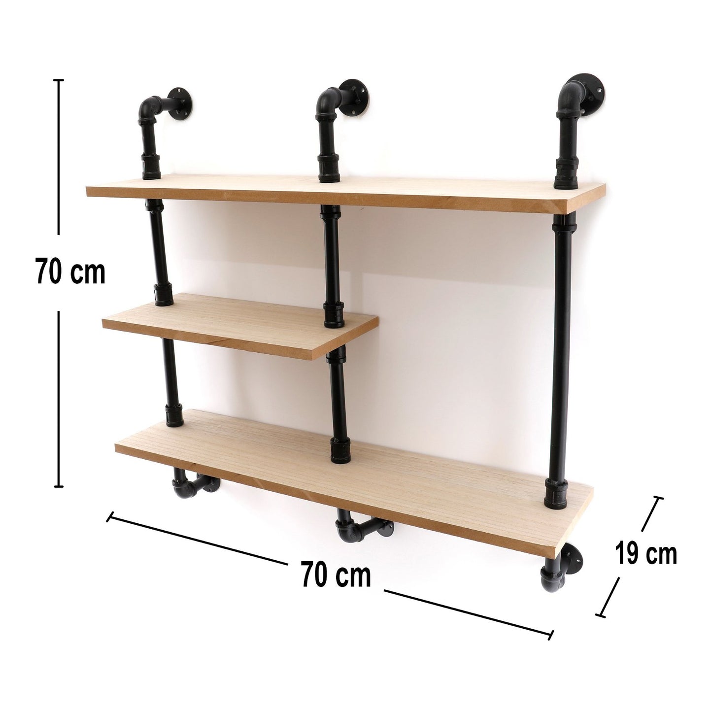 Black Pipe  & Wooden Shelves 70.5cm