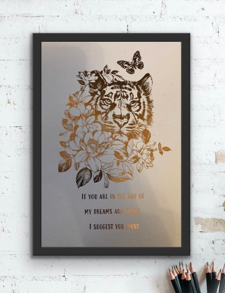 Tiger Quote Foil Print White/Rose Gold