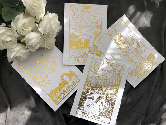 Set of 4, Tarot Card Foil Prints White/Gold