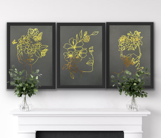 Set of 3 Face, One Line Drawing Foil Prints Black/Gold