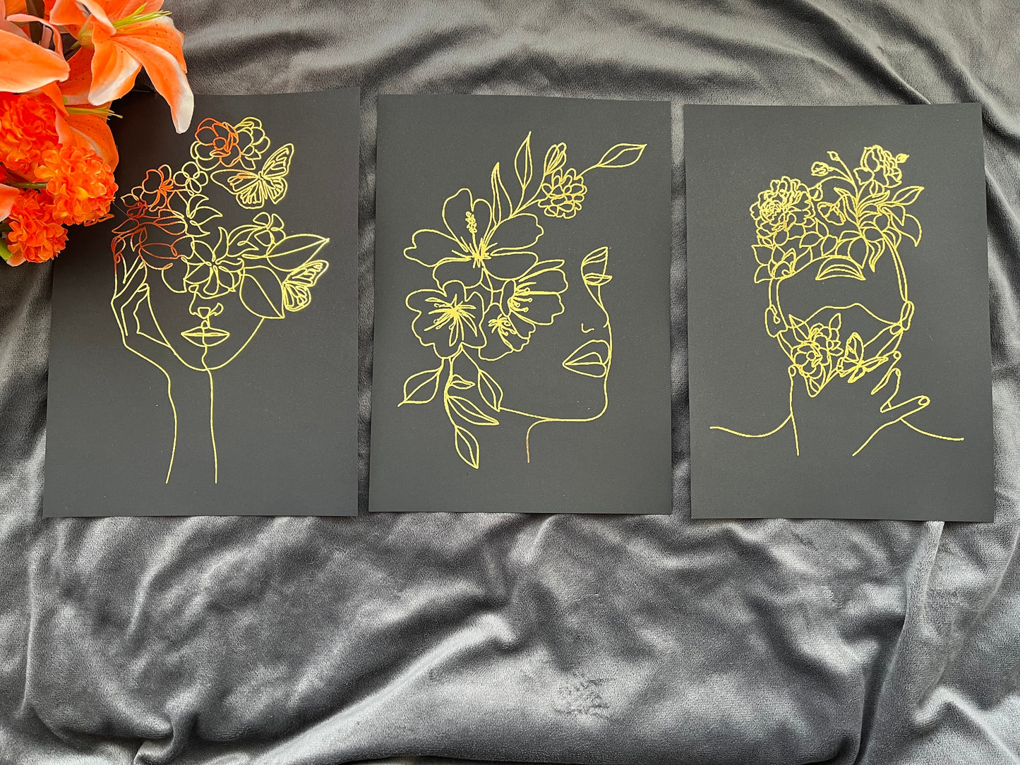 Set of 3 Face, One Line Drawing Foil Prints Black/Gold