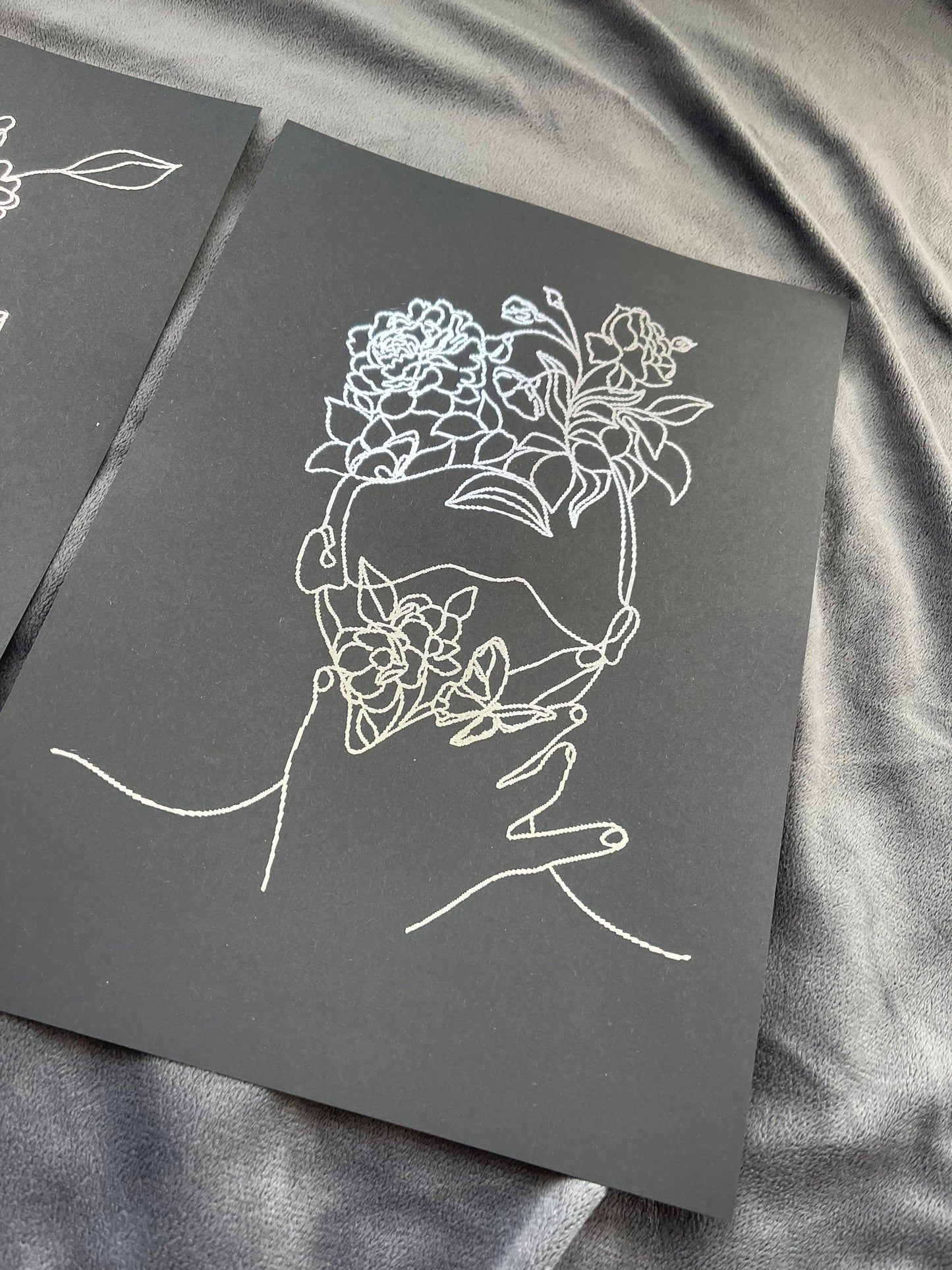 Set of 3 Face, One Line Drawing Foil Prints Black/Silver