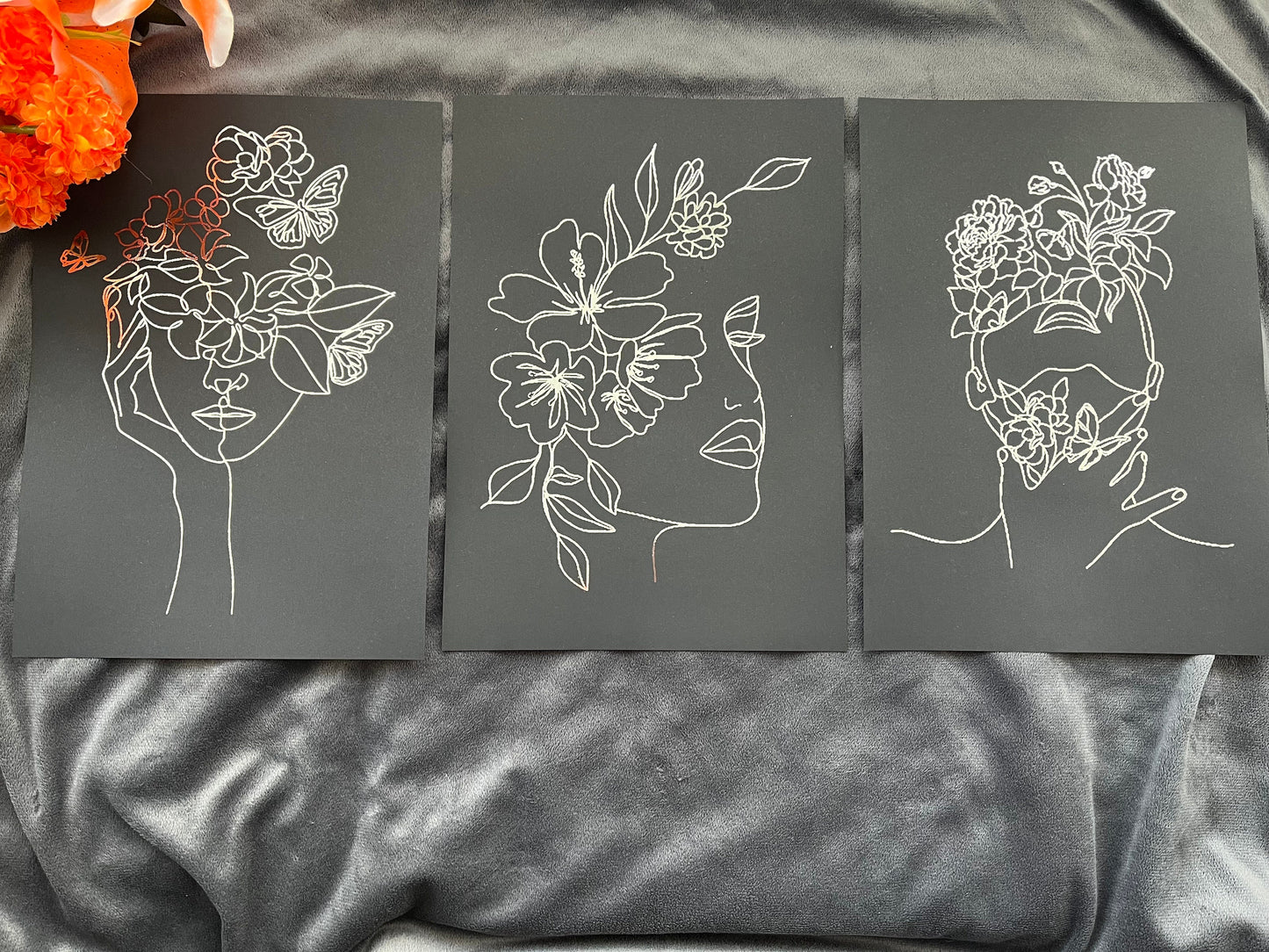 Set of 3 Face, One Line Drawing Foil Prints Black/Silver