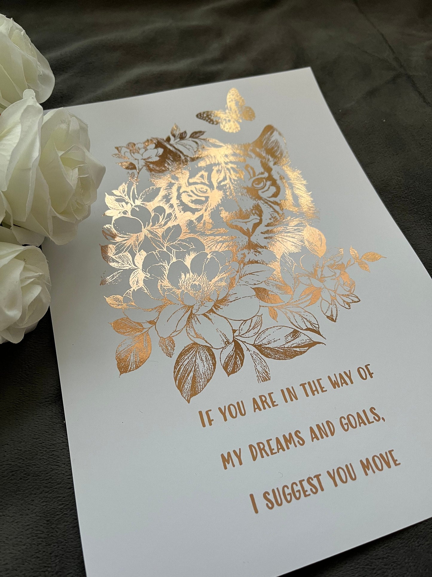 Tiger Quote Foil Print White/Rose Gold