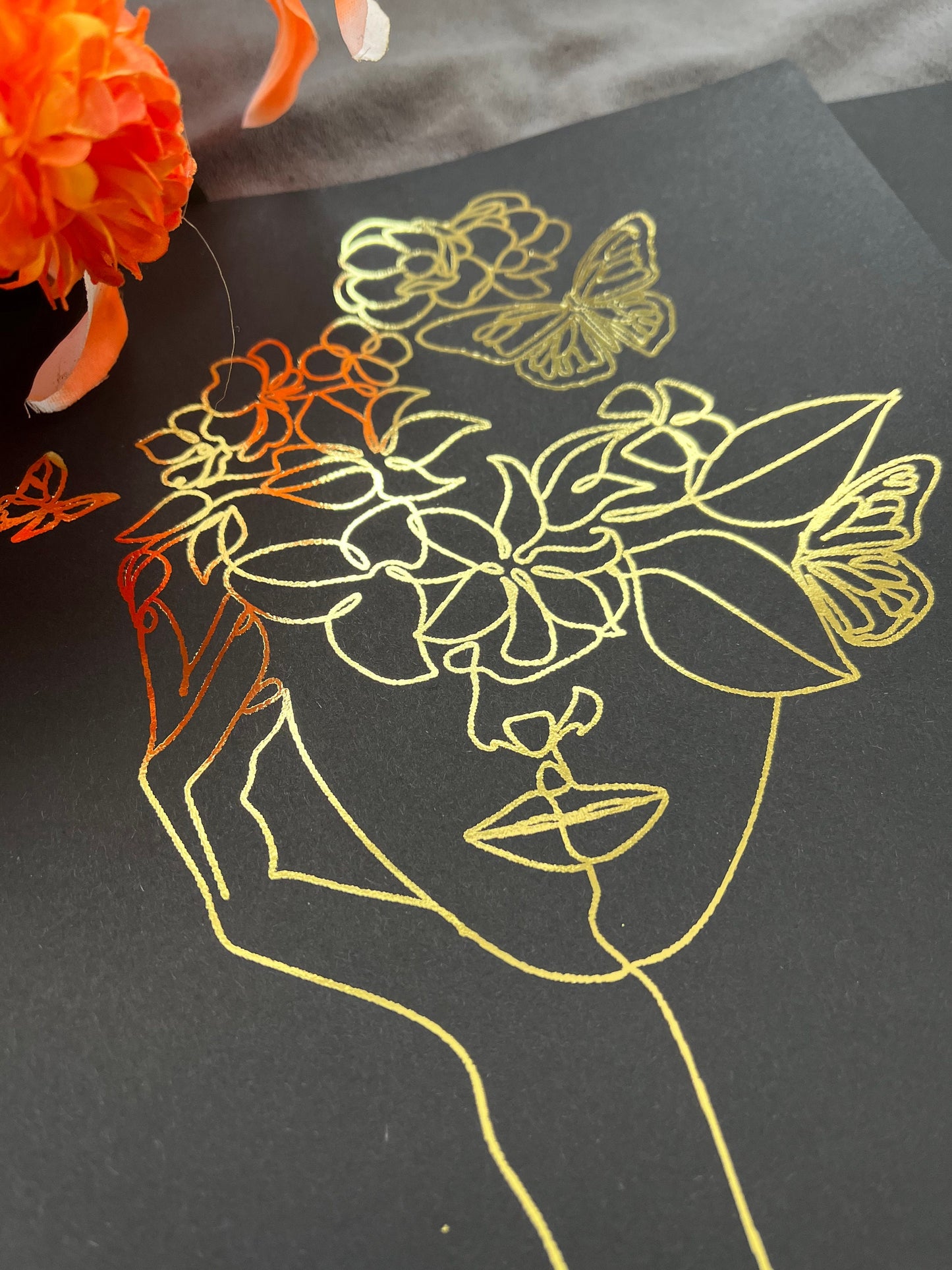 Set of 3 Face, One Line Drawing Foil Prints Black/Gold