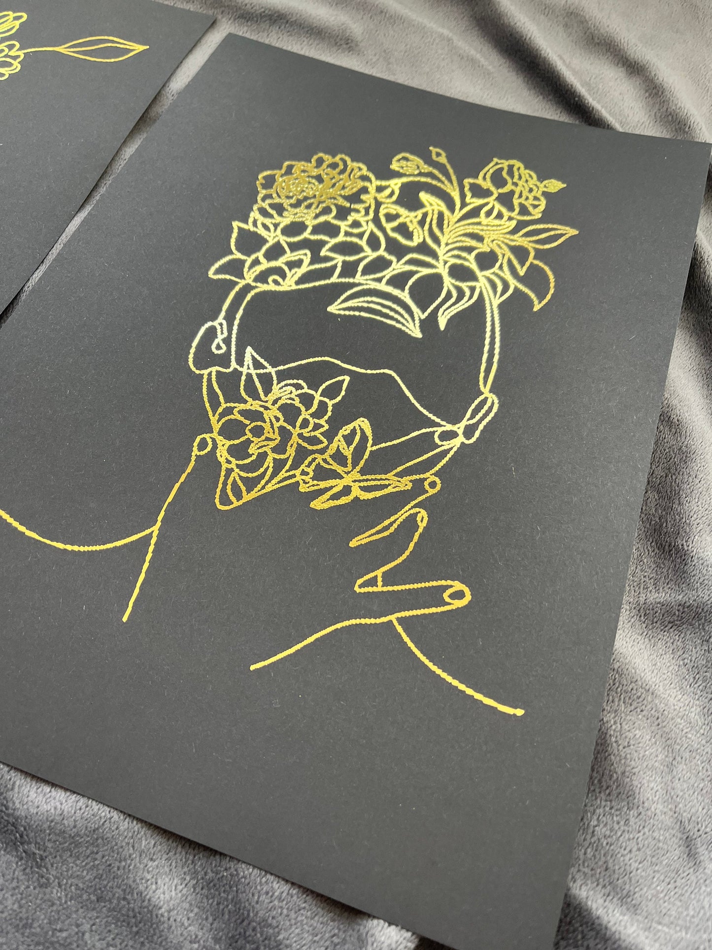 Set of 3 Face, One Line Drawing Foil Prints Black/Gold