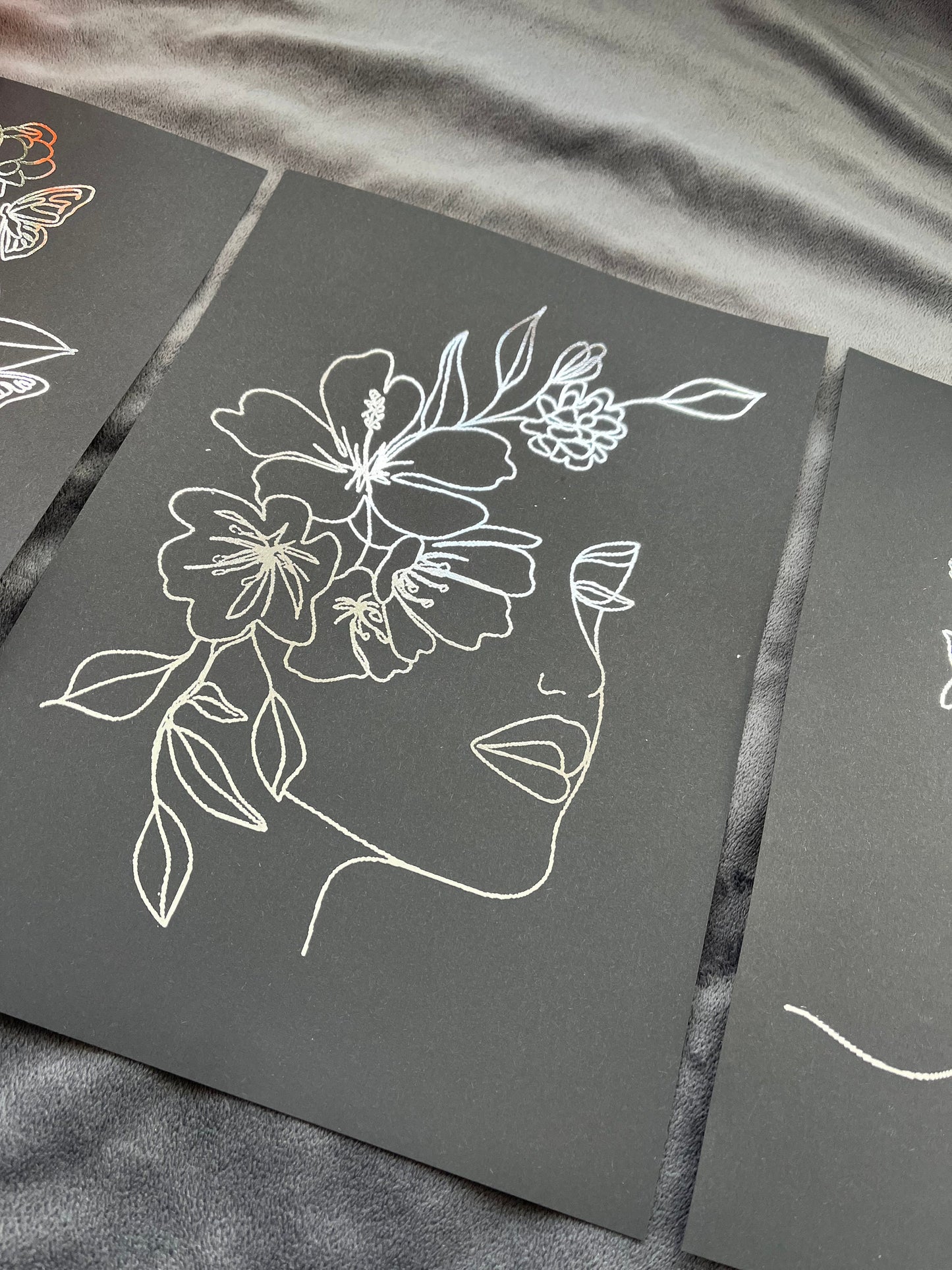 Set of 3 Face, One Line Drawing Foil Prints Black/Silver