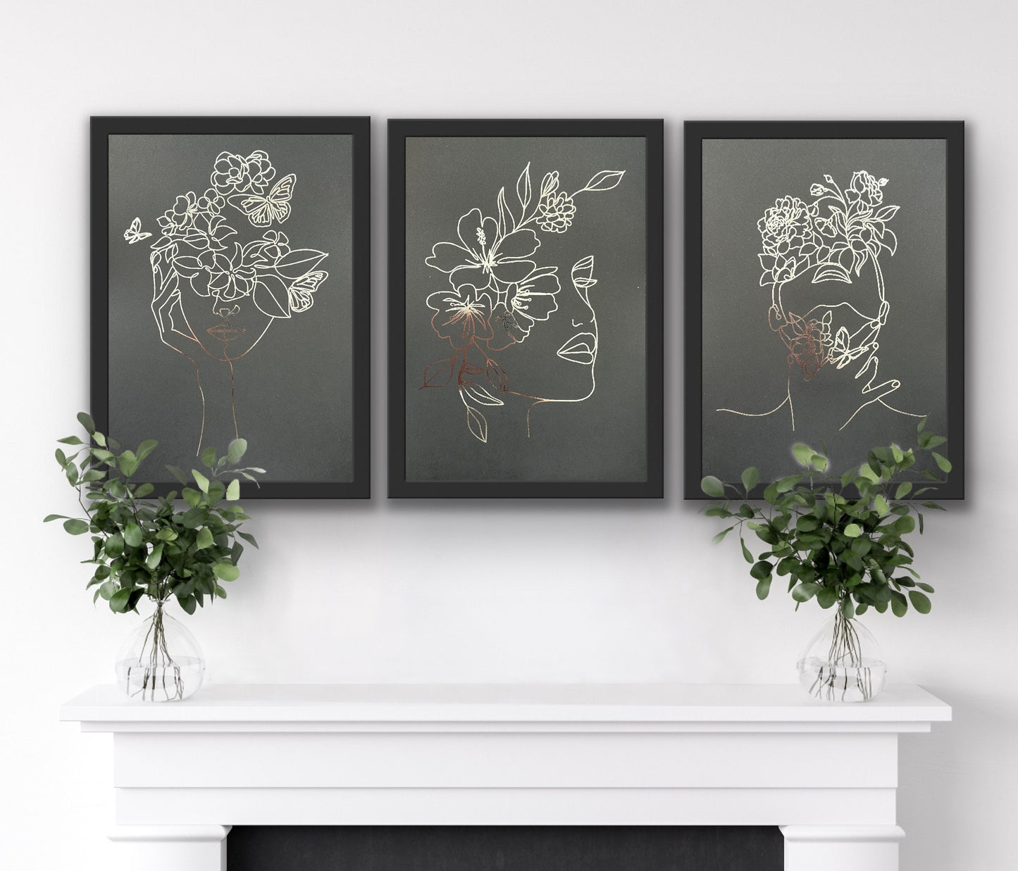 Set of 3 Face, One Line Drawing Foil Prints Black/Silver