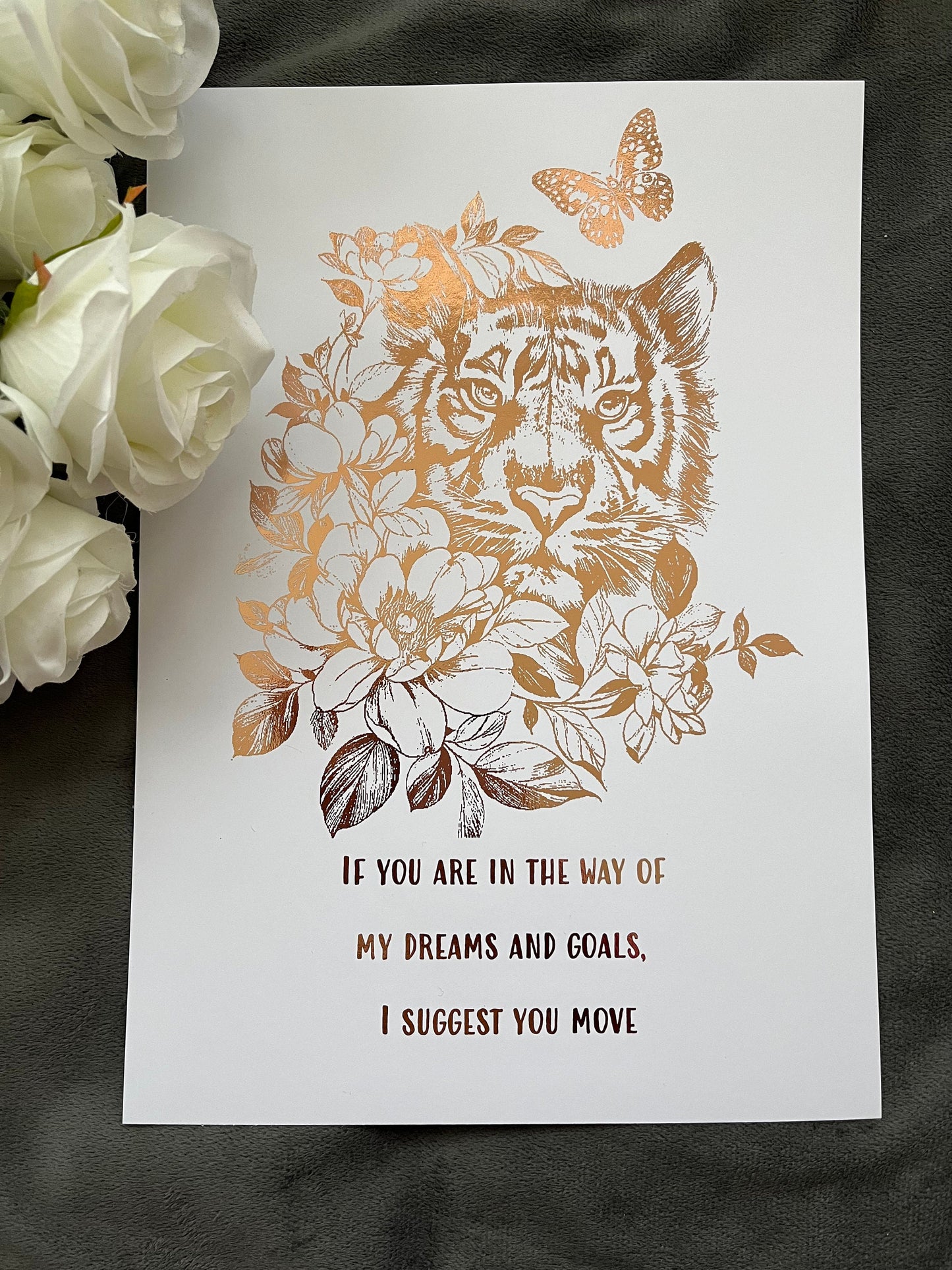 Tiger Quote Foil Print White/Rose Gold