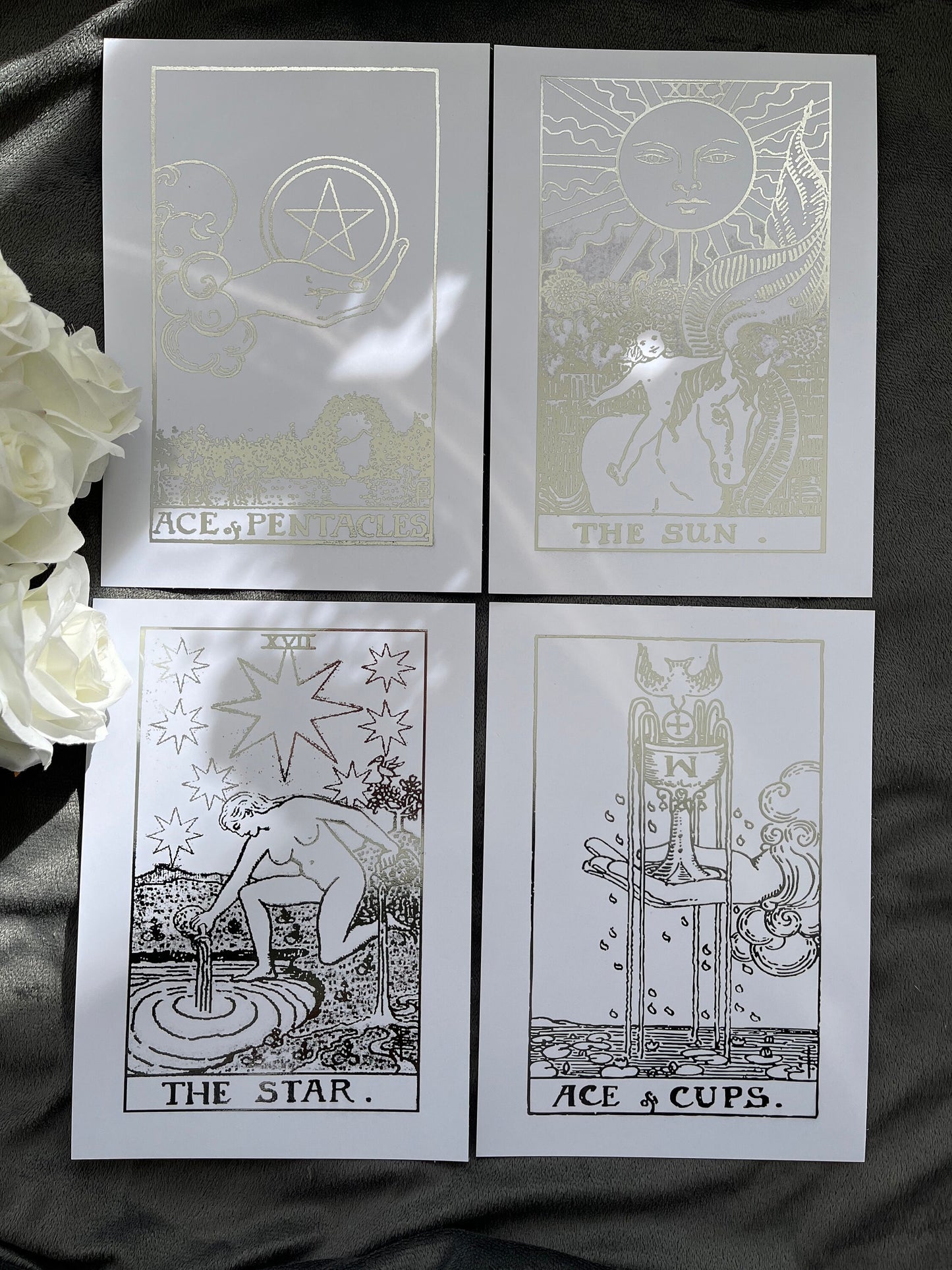 Set of 4, Tarot Card Foil Prints White/Silver