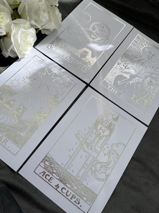 Set of 4, Tarot Card Foil Prints White/Silver