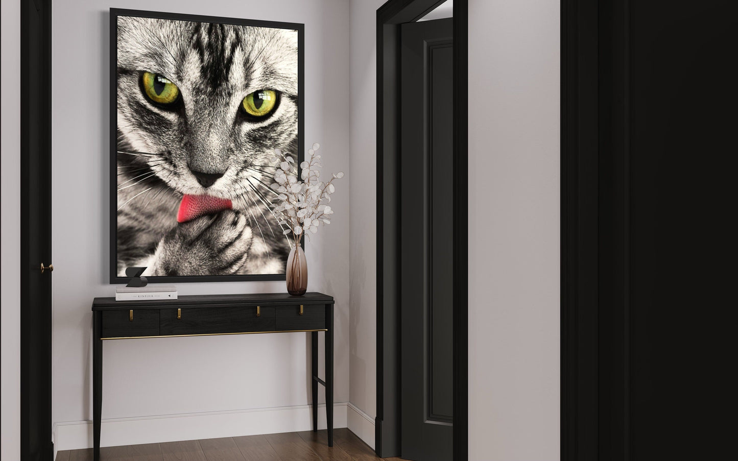 Black & Grey Tabby Cat Licking Paw Print Digital Download