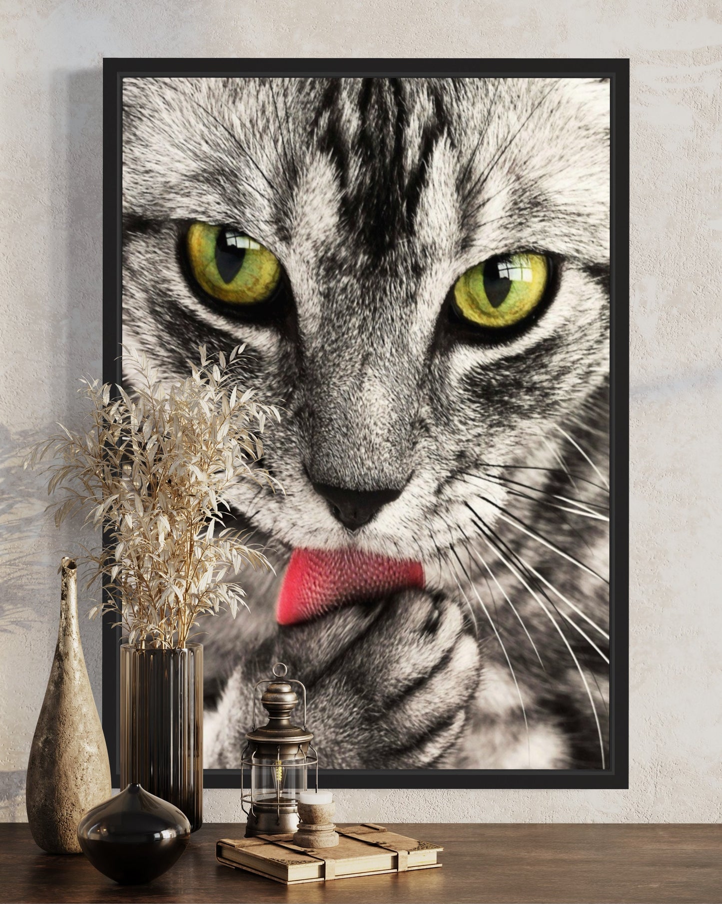 Black & Grey Tabby Cat Licking Paw Print Digital Download