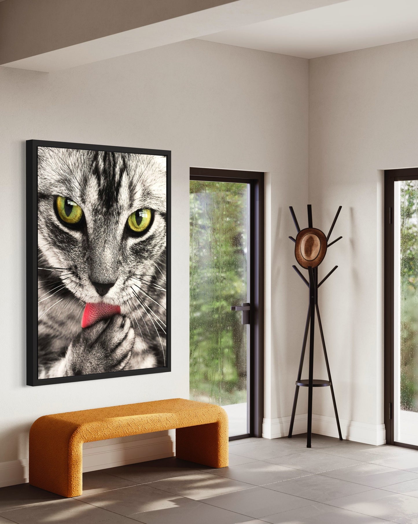 Black & Grey Tabby Cat Licking Paw Print Digital Download