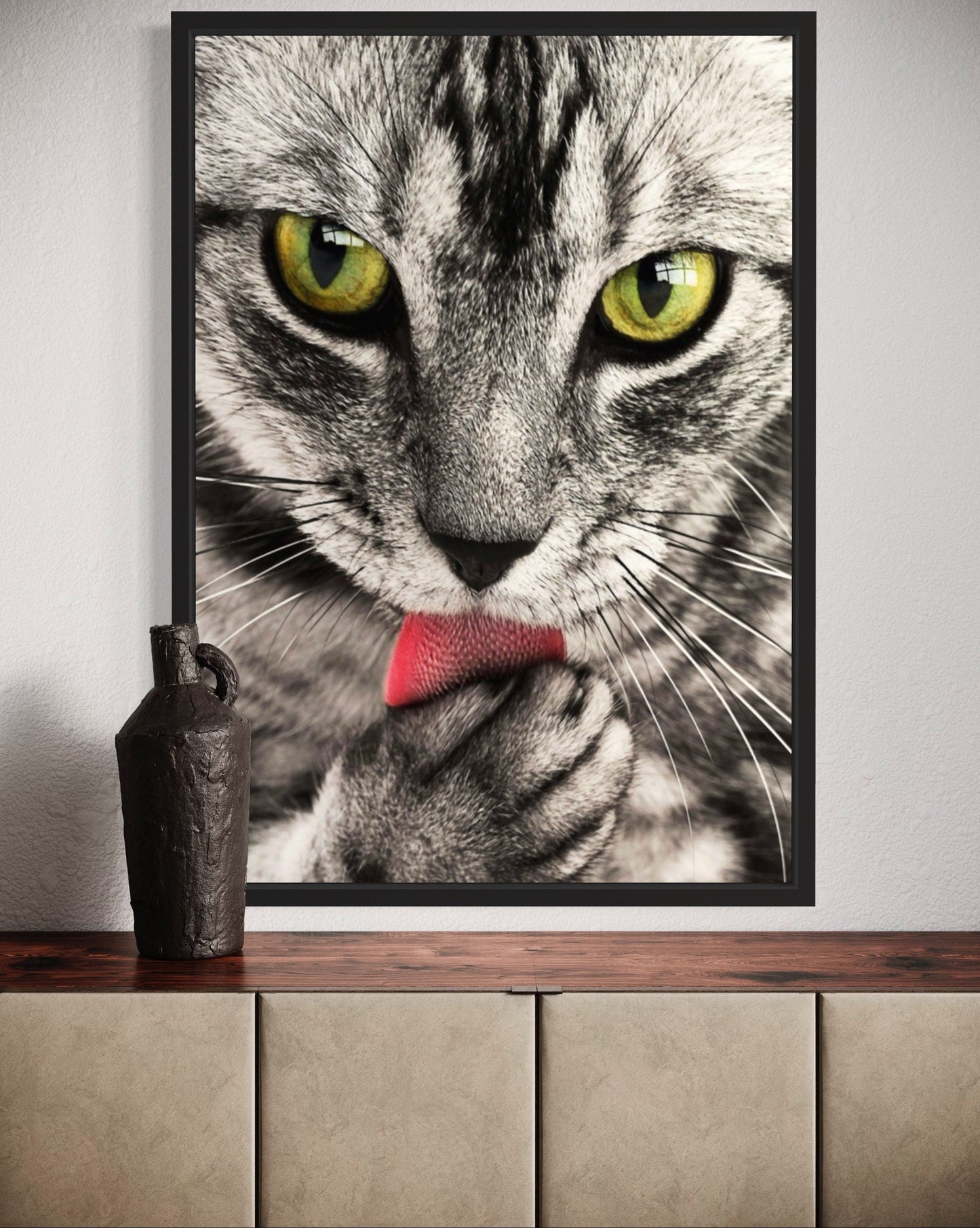 Black & Grey Tabby Cat Licking Paw Print Digital Download